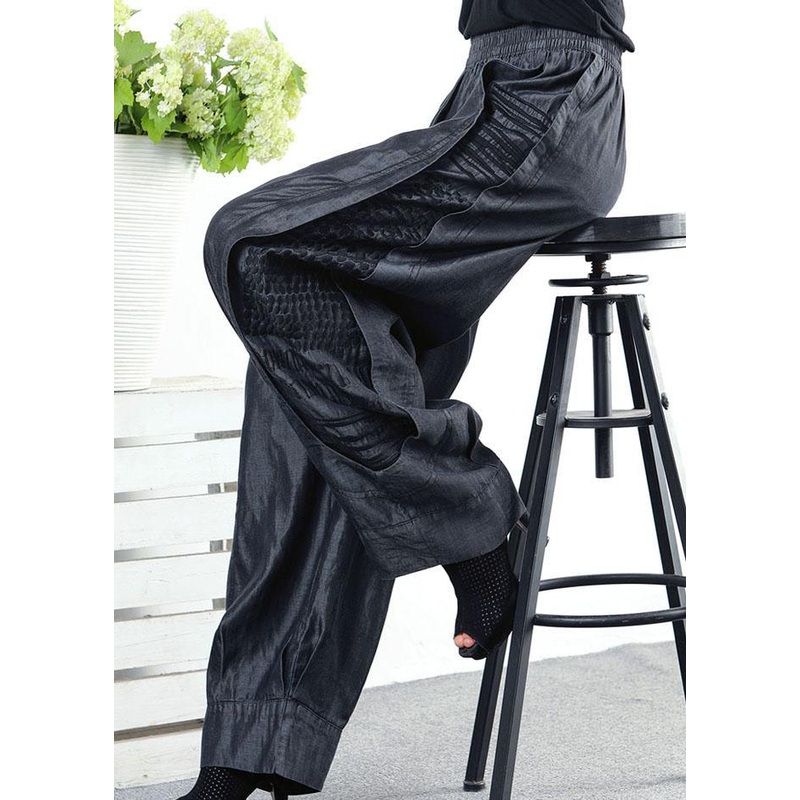 Elegant Black Grey Pockets Patchwork Straight Spring Pants