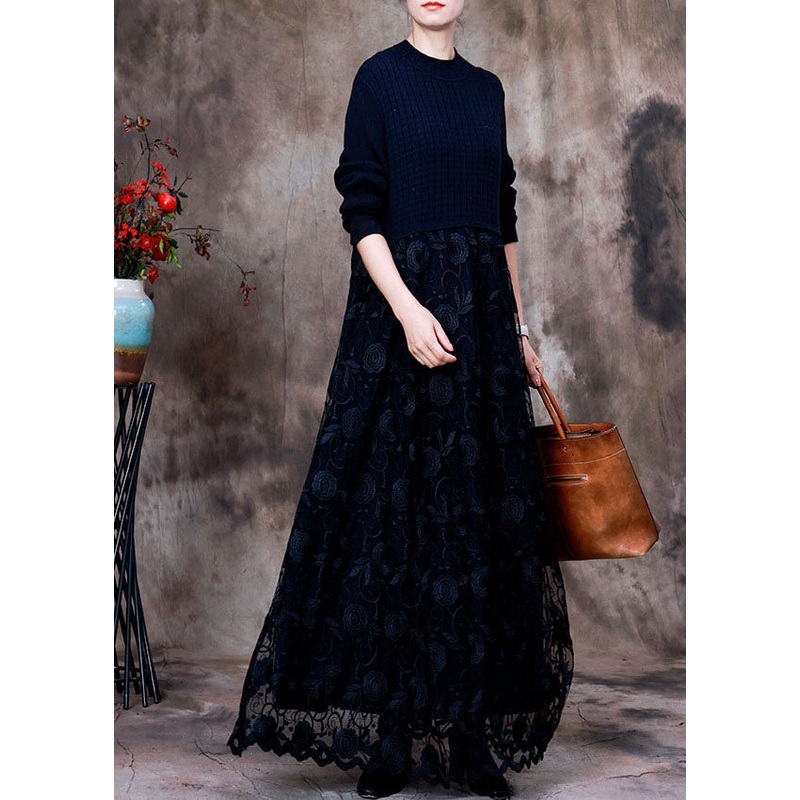 Fashion Black Lace Patchwork Knit Knitted Dress Winter