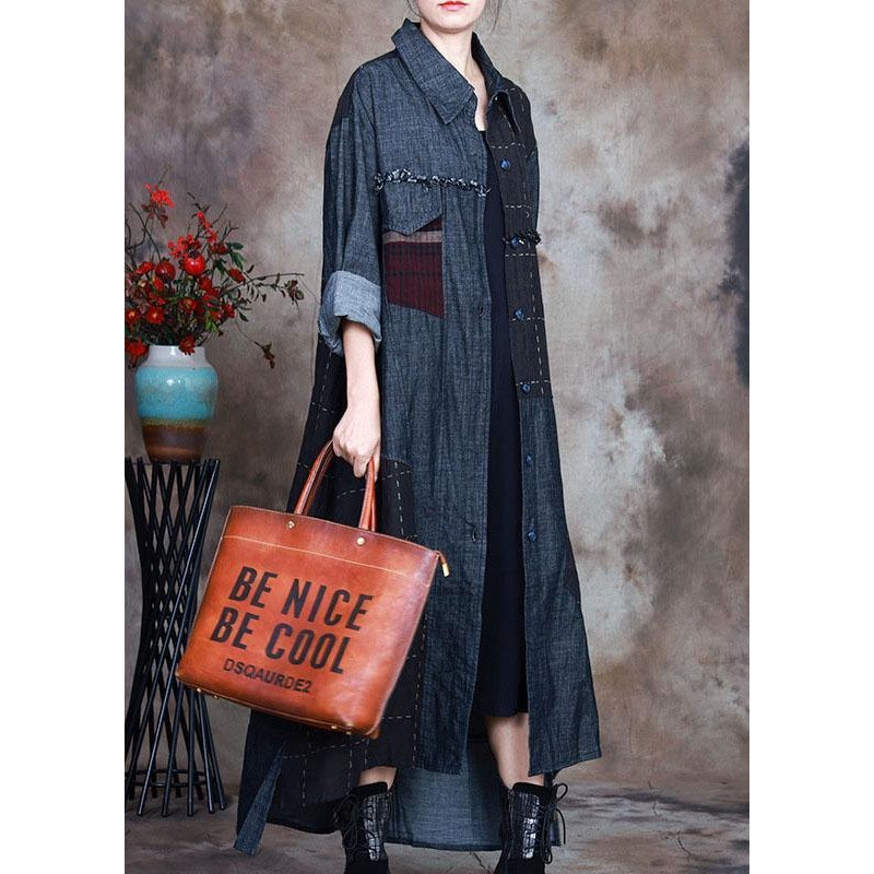 Fashion Blue PeterPan Collar Plaid Patchwork denim Winter Coat