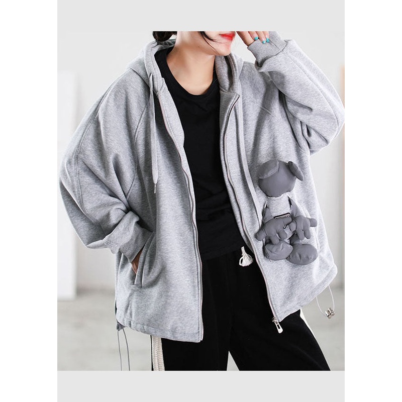 Fine Grey Hooded Pockets Warm Fleece Sweatshirts Top Spring Coat