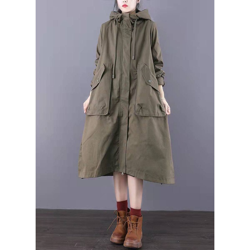 Fitted Army Green Zip Up Pockets Cotton trench coats Spring