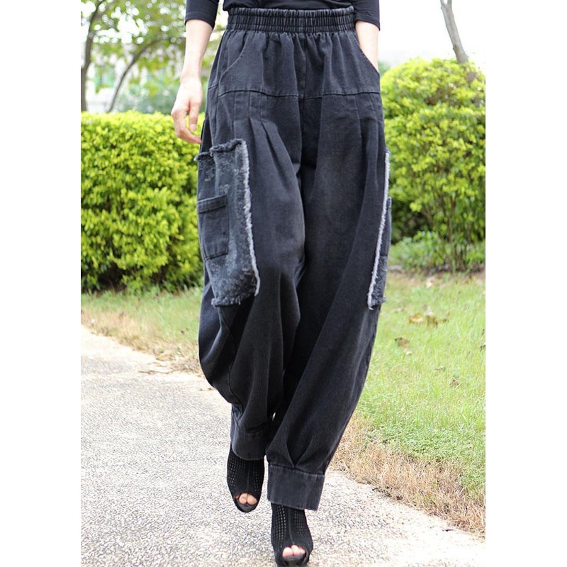 Fitted Black Grey Pockets Patchwork Jeans Winter Pants Trousers