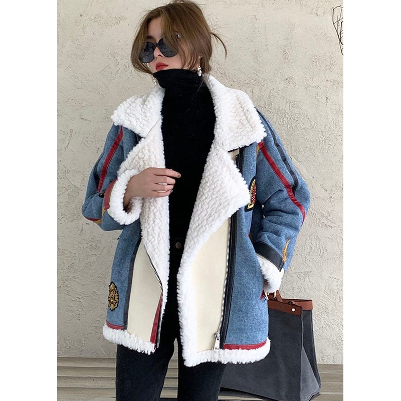 French Blue Zip Up denim Patchwork Faux Fur Winter Coat