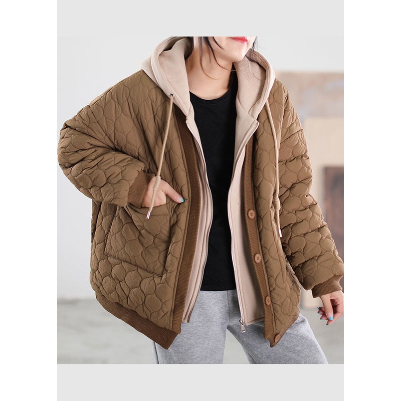 French Coffee Hooded Patchwork Fine Cotton Filled Winter Coats