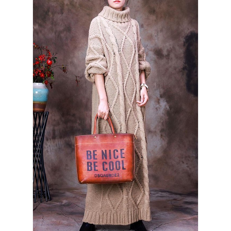 French Khaki Turtle Neck Hollow Out Knit Winter Sweater dress
