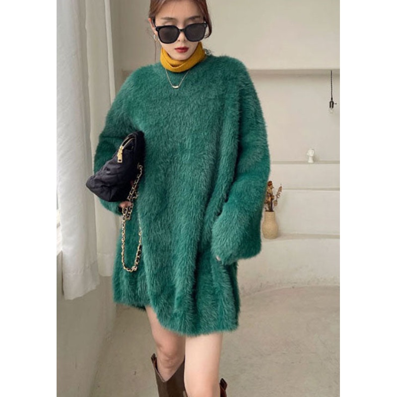 Green cozy Mink Hair Knitted Sweater Dress V Neck Winter