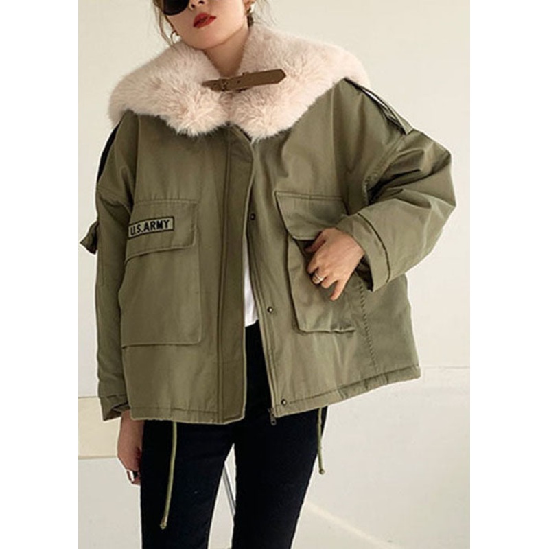 Green Fox collar Pockets Fine Cotton Filled Winter Coat