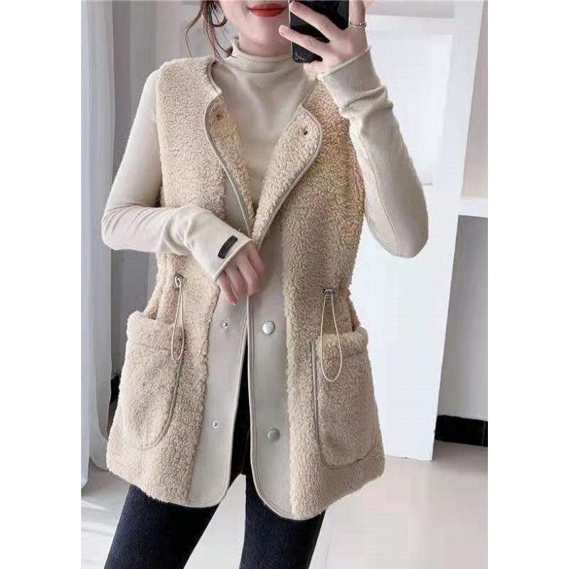 Loose Apricot drawstring Faux Fur Winter waistcoat