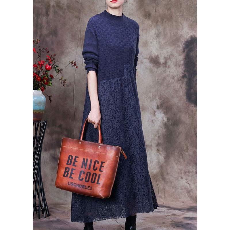 Modern Blue Knit Patchwork Lace Vacation Dresses Spring