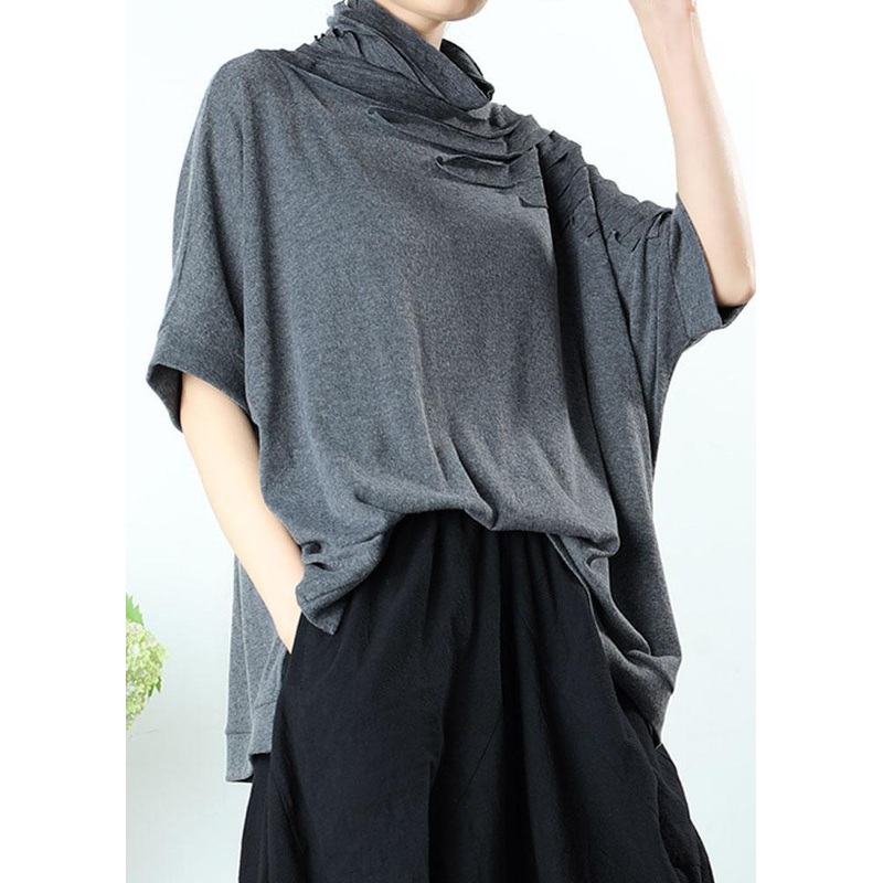 Natural Grey tasseled asymmetrical design Casual Spring Tops Half Sleeve