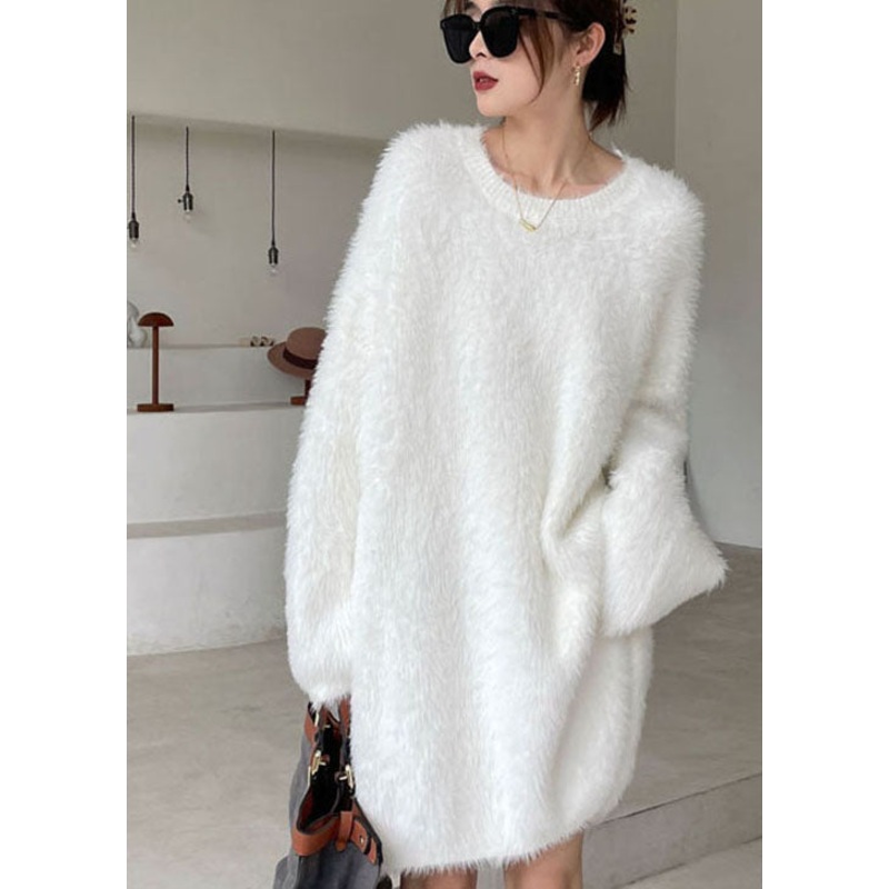 Organic White V Neck Mink Hair Knitted Sweater Dress Winter