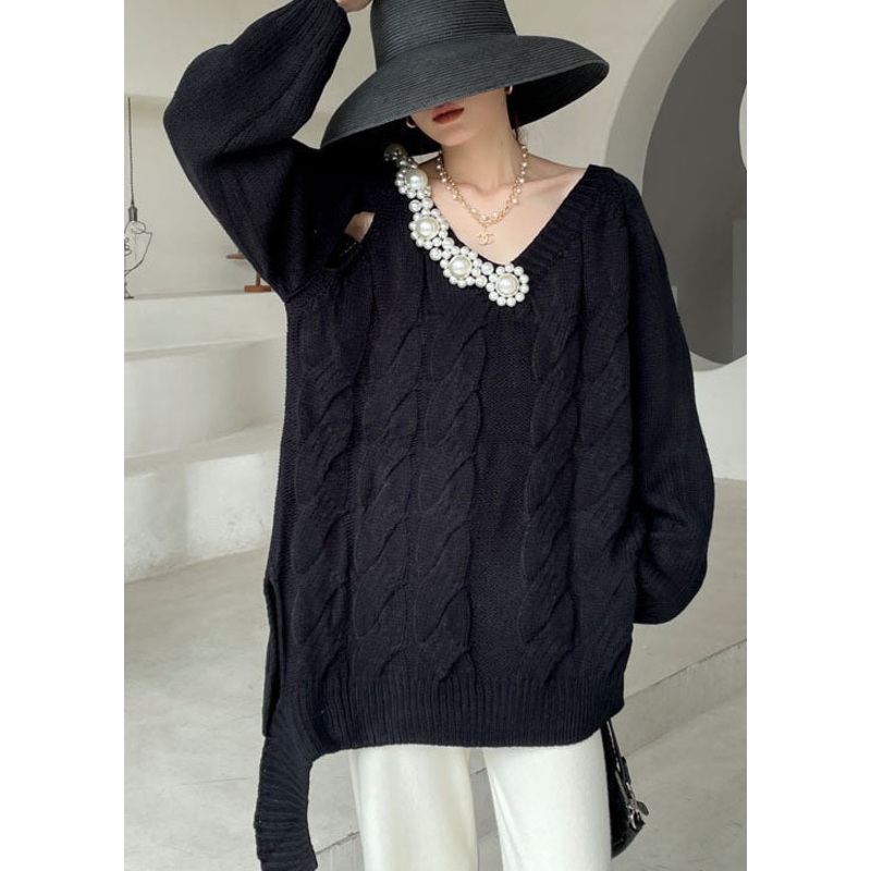 Plus Size Black cozy Knit Short Sweater V Neck Winter