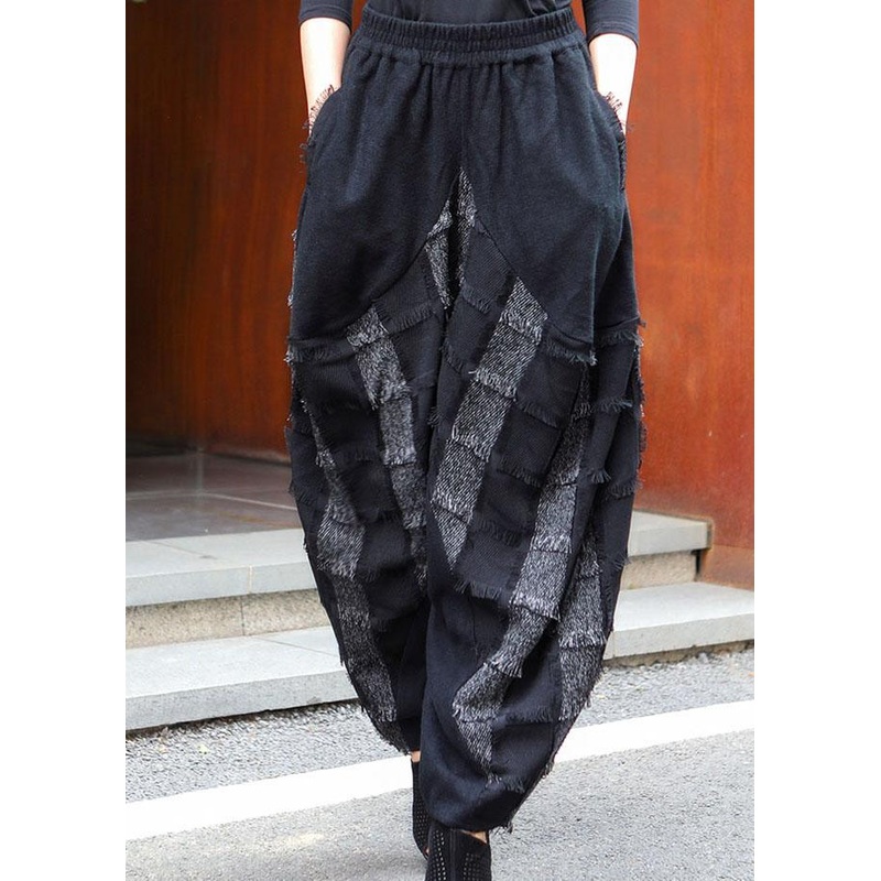 Plus Size Black Grey Pockets Patchwork Casual Winter Pants