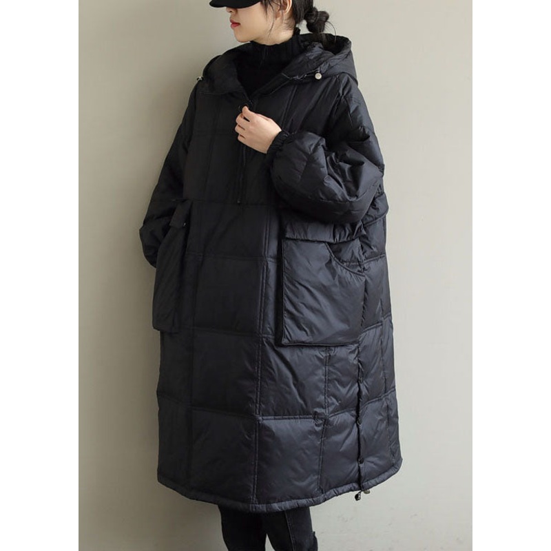 Plus Size Black Hooded Fine Cotton Filled Winter Coat