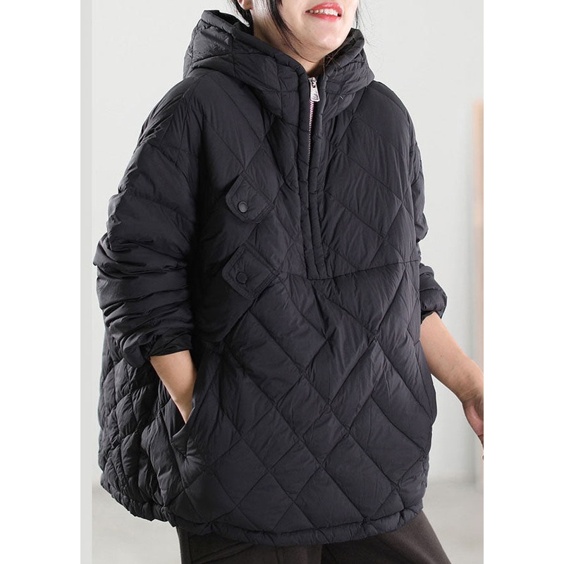 Plus Size Black Hooded Patchwork Duck Down Down Coat Winter