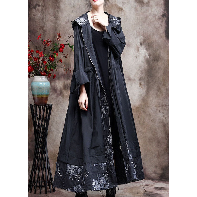 Plus Size Black Hooded Patchwork Spring trench coats