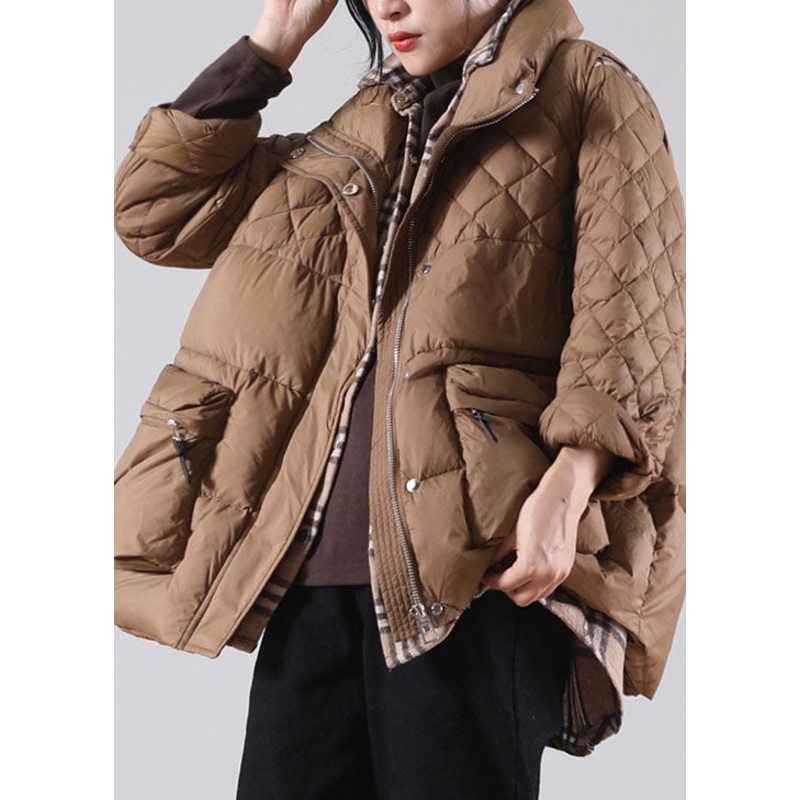 Plus Size Brown Zip Up Pockets Duck Down Winter Coats