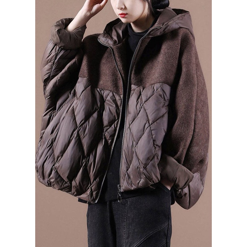 Plus Size Coffee Hooded Patchwork Duck Down Winter down coat