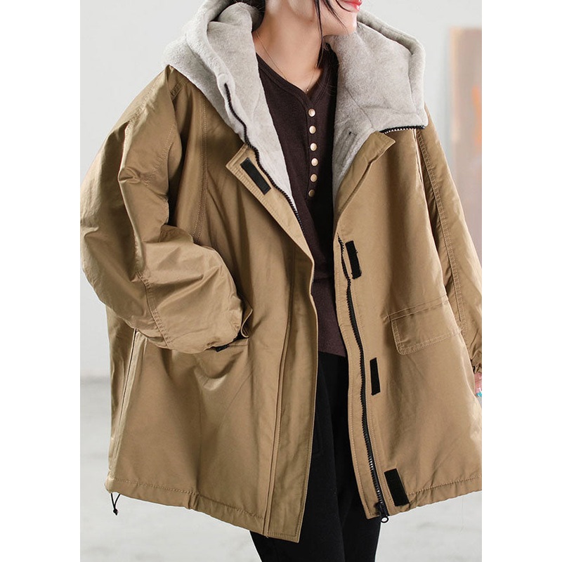 Plus Size Khaki Hooded Patchwork Faux Fur Coat Winter