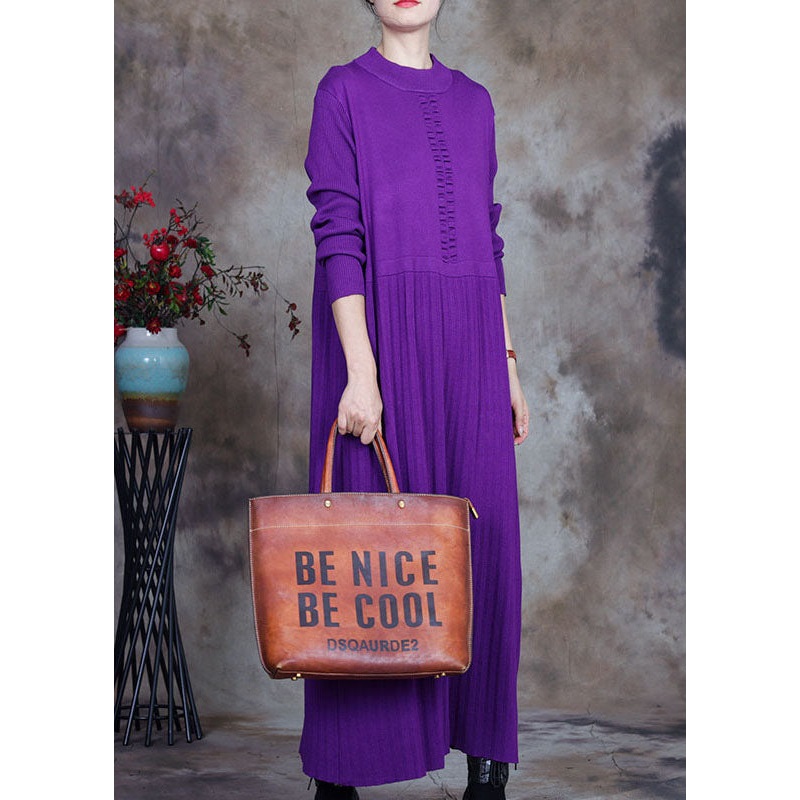 Plus Size Purple O-Neck Knit Sweater Dress Winter