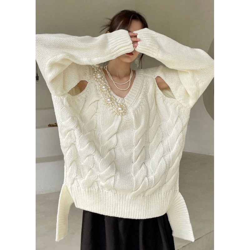 Plus Size White V Neck thick Knit Sweaters Winter