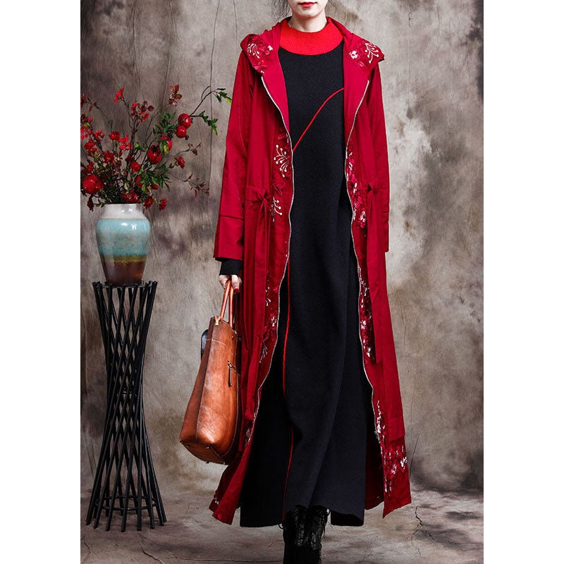 Red zippered Patchwork Embroideried Spring Coats