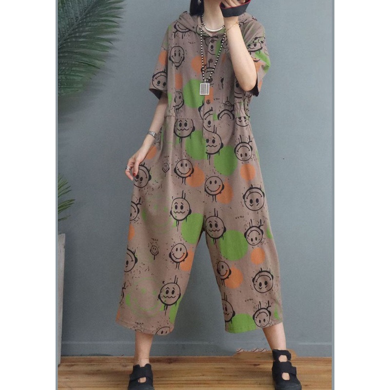 Simple Khaki Hooded Print Cotton Jumpsuits Half Sleeve