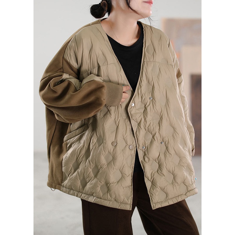 Simple Khaki V Neck Patchwork Duck Down down coat Winter