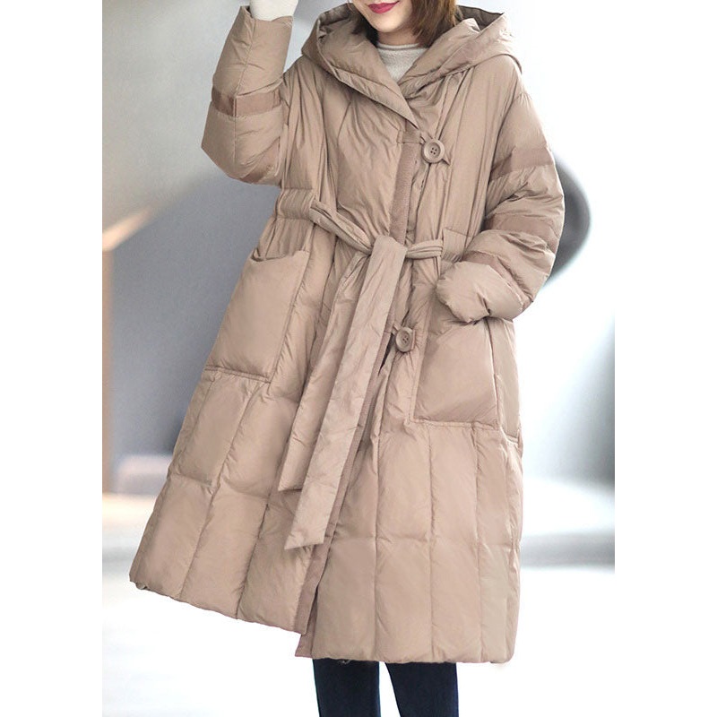 Vintage Khaki Button Pockets tie waist Winter Duck Down Coat
