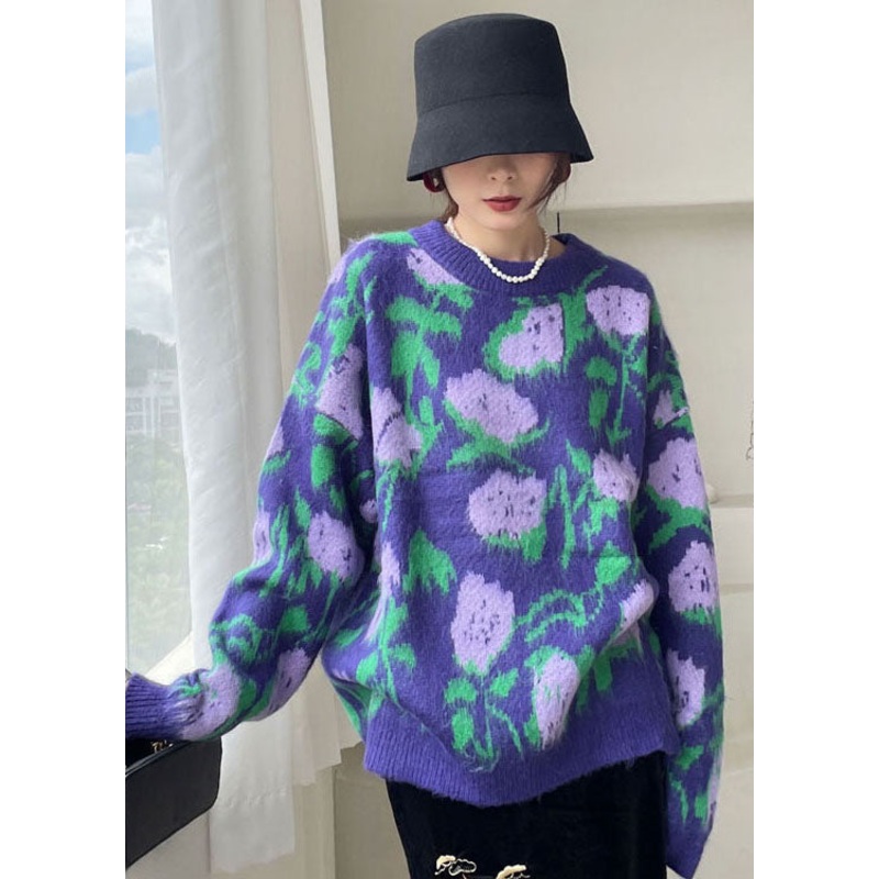 Vintage Purple Floral Knit Sweaters Winter