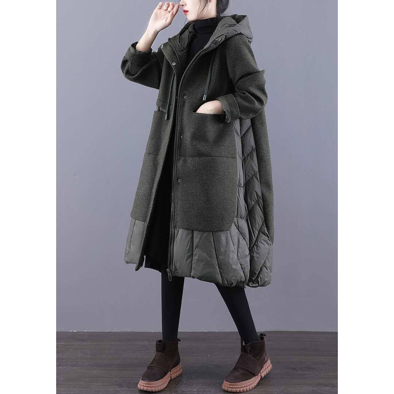 Vintage Tea Green Hooded Patchwork Woolen Winter Coat