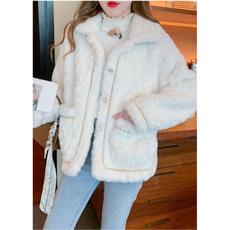 White Thick Faux Fur Peter Pan Collar Winter Outwear