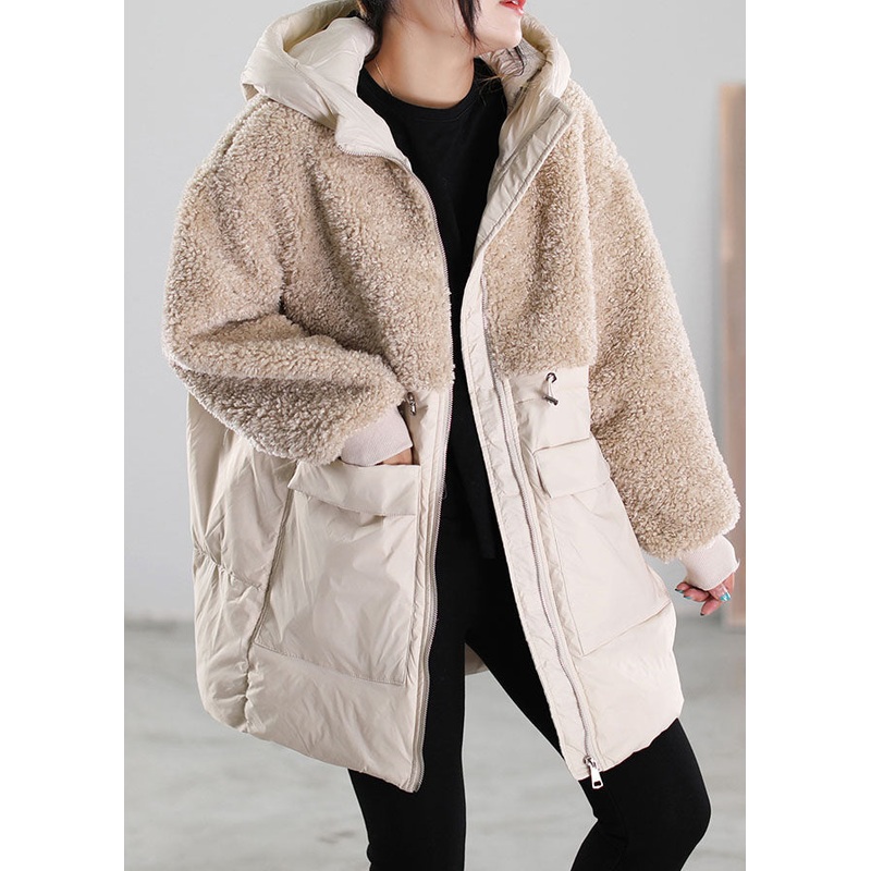 Women Beige Zip Up Patchwork Faux Fur Down Coat Winter
