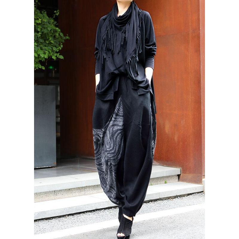Women Black asymmetrical design Patchwork fashion Winter Two Pieces Set