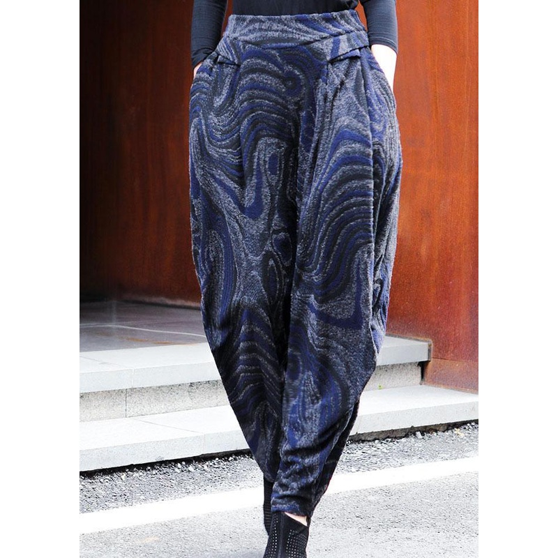 Women Black Blue Pockets Jacquard lantern Spring Pants