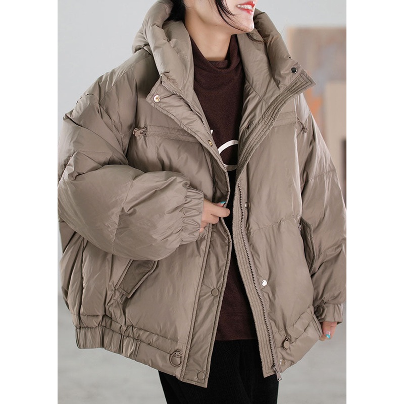 Women Khaki Zip Up drawstring Duck Down Puffer Jacket Winter