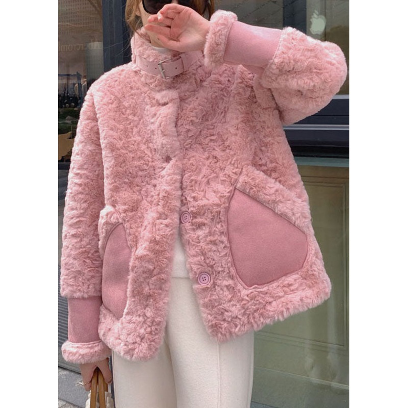 Women Pink Stand Collar Pockets Faux Fur Winter Coats