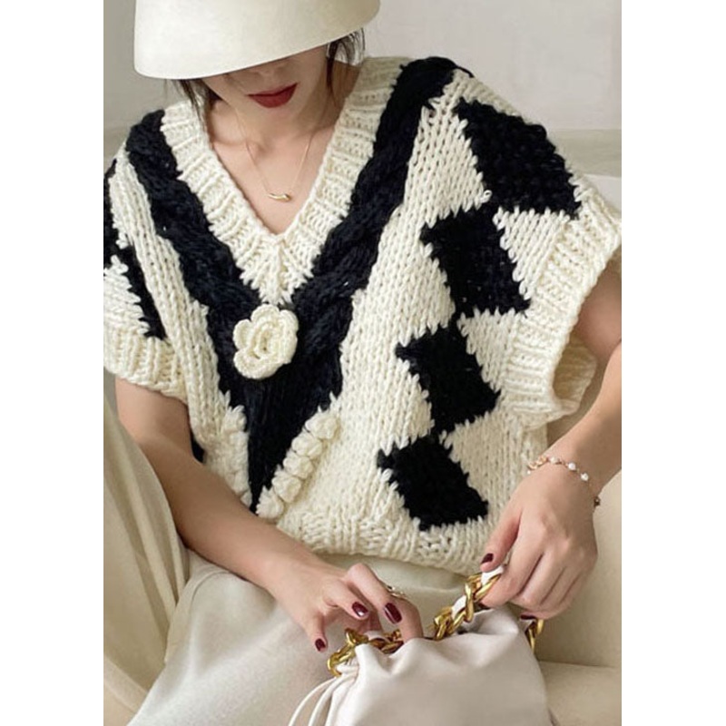 Women White V Neck cozy Knit Tank Tops Sleeveless
