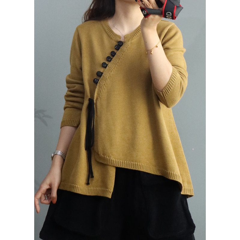 Yellow Button Knitted Tops Cinched Winter