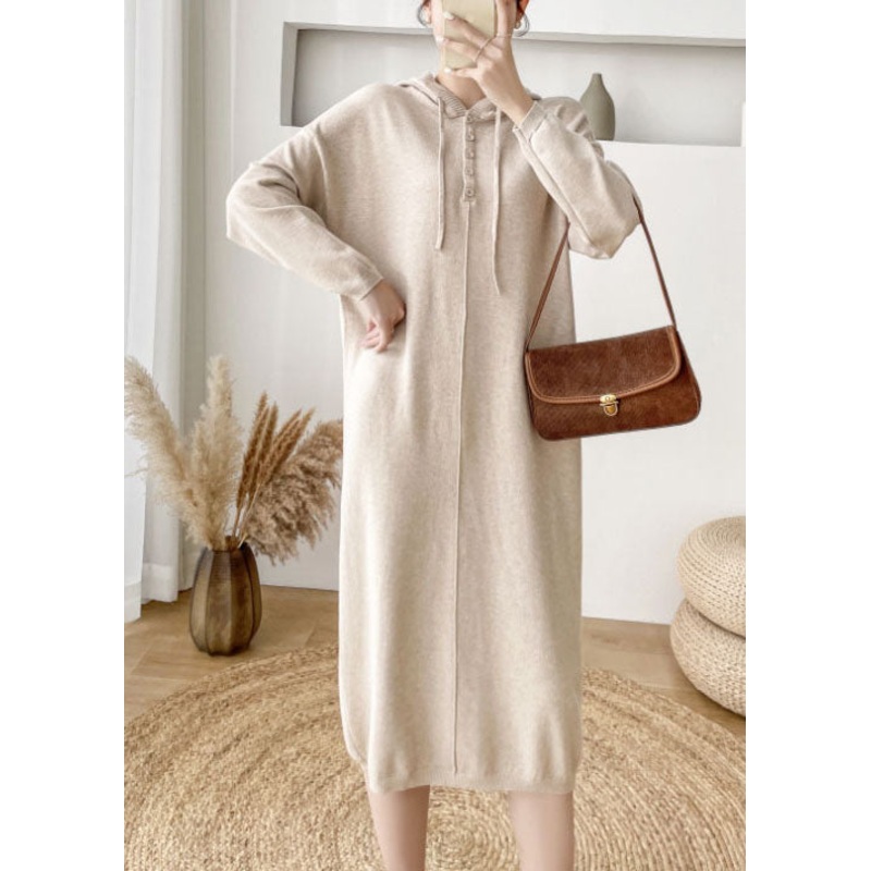 Apricot Button Knitted Dress Cinched Winter