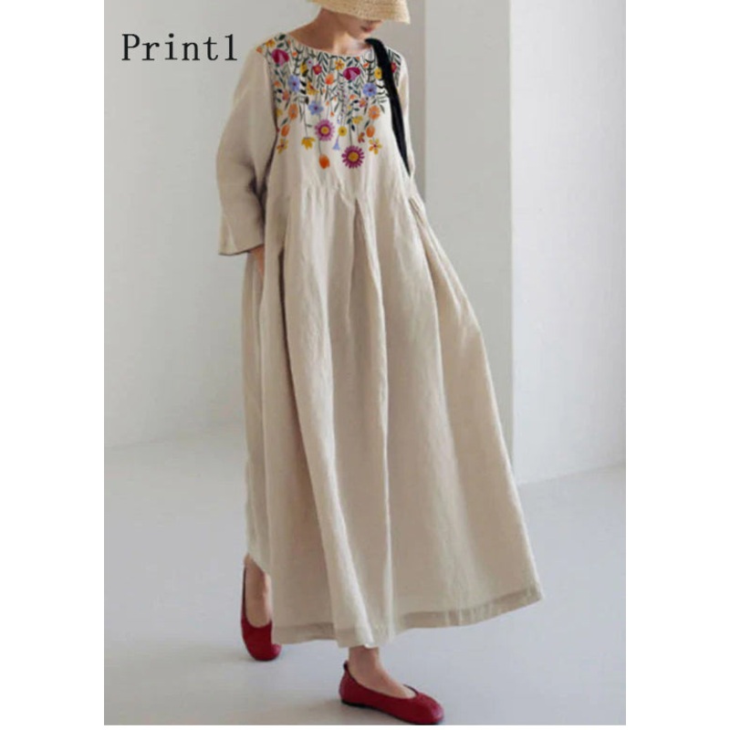 Apricot-Print1 Cotton Dresses Pockets Patchwork Fall