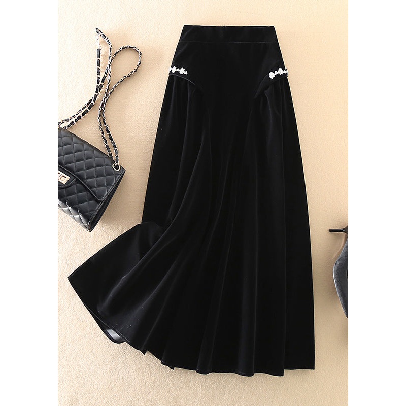Art Black Zip Up Silk Velour a line skirts Spring