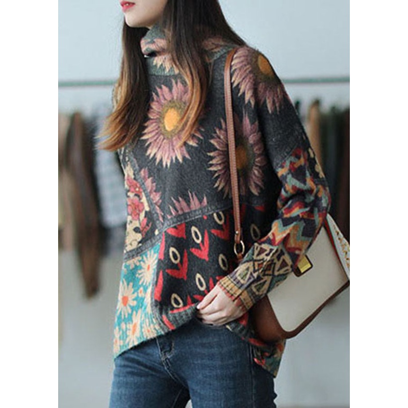 Beautiful Turtle Neck Print Mink Hair Knitted Sweater Tops Winter