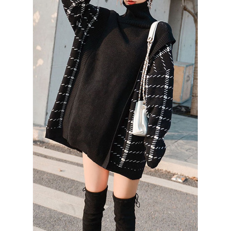 Black thick Patchwork Knitwear Dress Winter