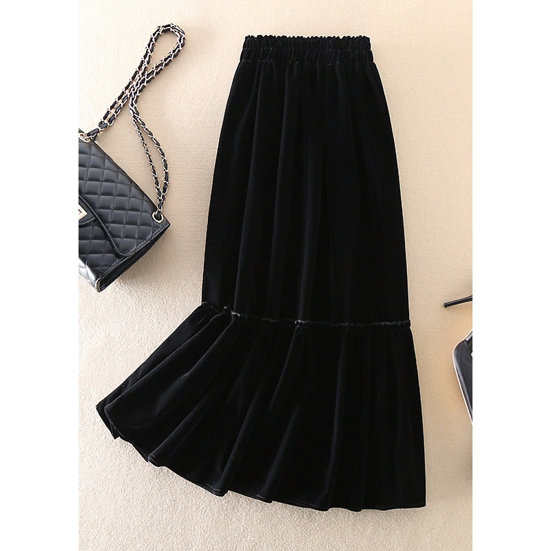 Boho Black Patchwork Silk Velour Skirt Spring