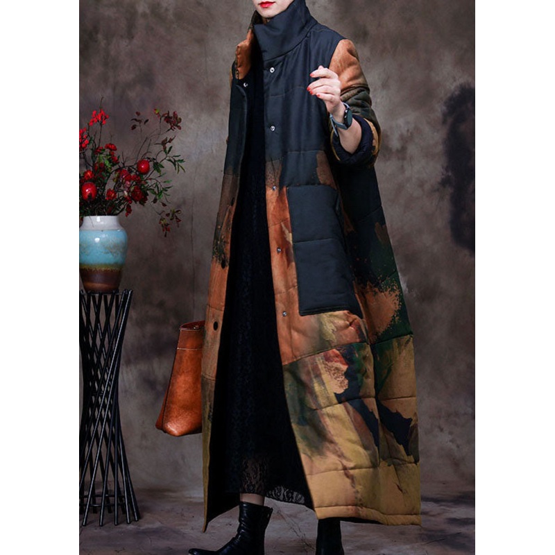 Boho Black Stand Collar Print Woolen Parka Winter