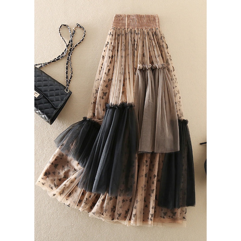 Boho Khaki Asymmetrical Print Tulle Skirts Spring
