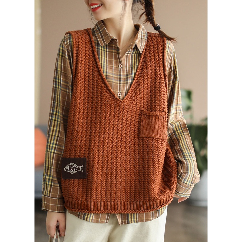 Boho Orange V Neck Pockets Knit Tank Tops Sleeveless