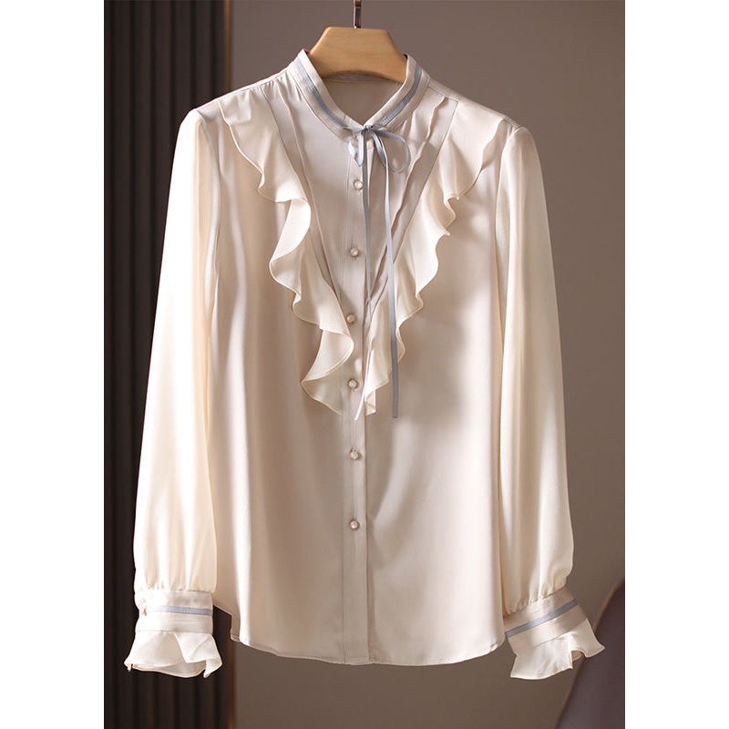 Boutique Apricot Ruffled Button Silk Shirts Spring