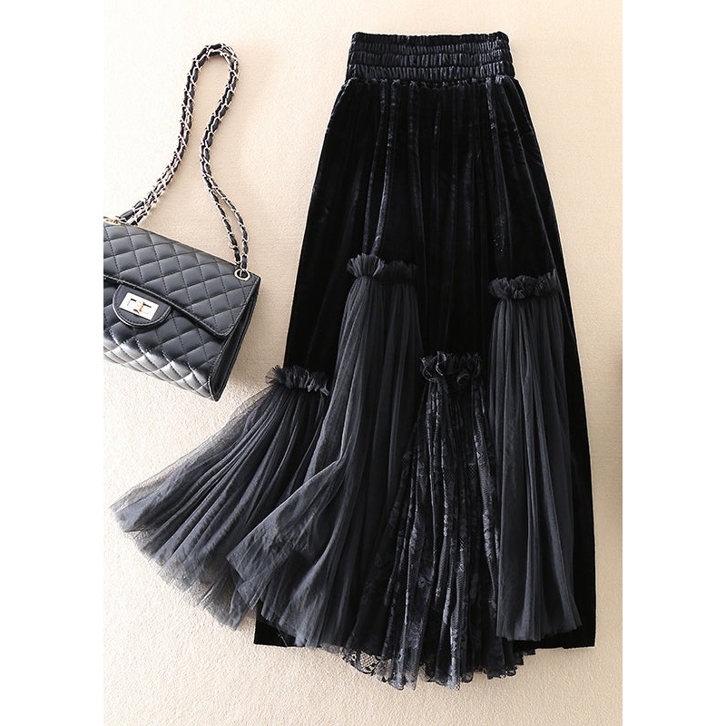 Boutique Black Silk Velour Patchwork Tulle Skirt Spring